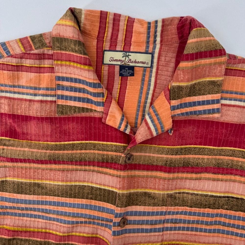 Tommy Bahama Button Up Mens Medium Orange Multi Stripe Silk Cotton Camp Shirt